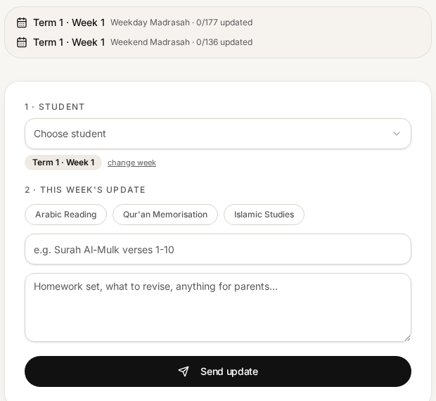 Progress & homework — two steps, then send
