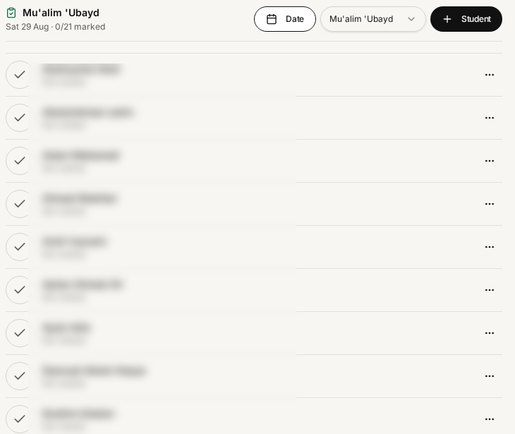 Your class register — one tap per student (names blurred here for privacy)